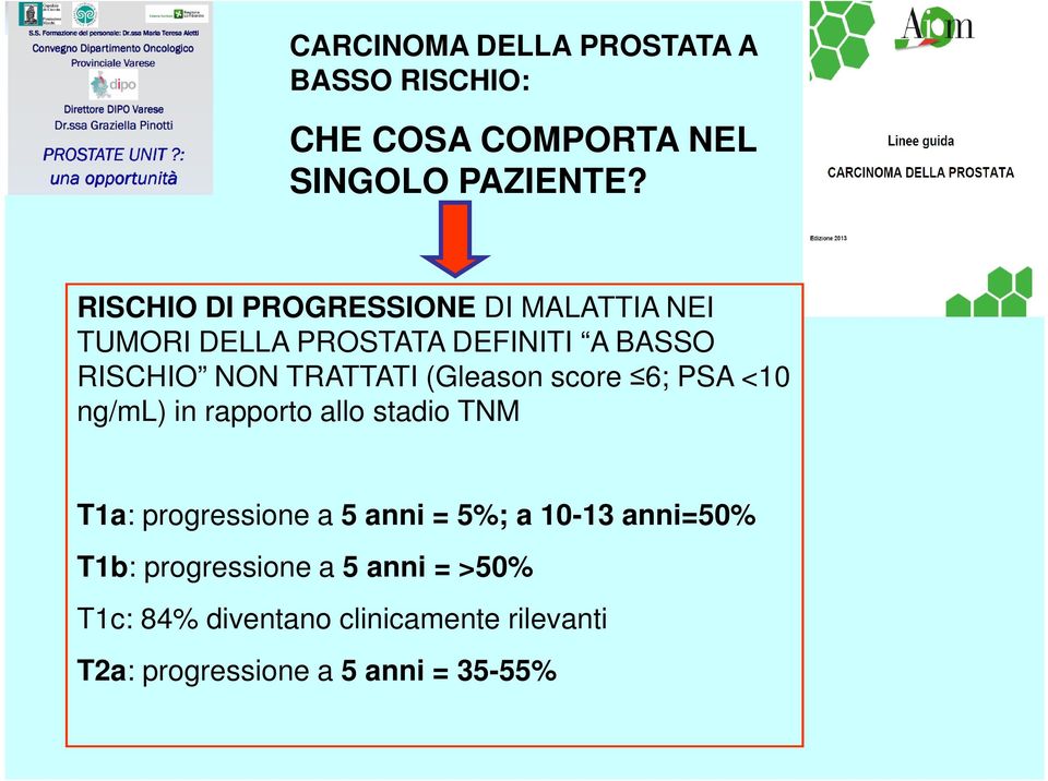 (Gleason score 6; PSA <10 ng/ml) in rapporto allo stadio TNM T1a: progressione a 5 anni = 5%; a