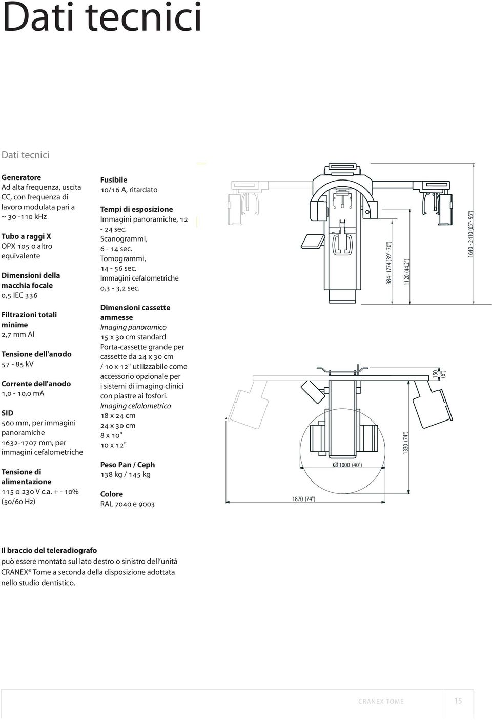 alimentazione 115 o 230 V c.a. + - 10% (50/60 Hz) Fusibile 10/16 A, ritardato Tempi di esposizione Immagini panoramiche, 12-24 sec. Scanogrammi, 6-14 sec. Tomogrammi, 14-56 sec.