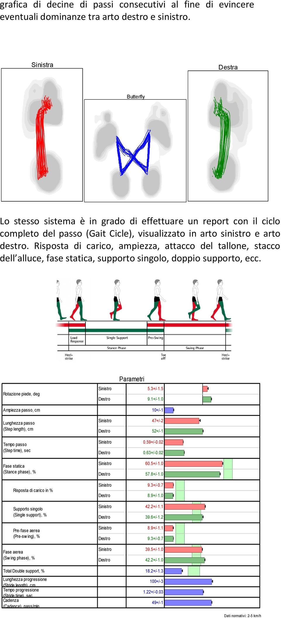 Risposta di carico, ampiezza, attacco del tallone, stacco dell alluce, fase statica, supporto singolo, doppio supporto, ecc. Rotazione piede, deg Parametri 5.3+/-1.5 9.1+/-1.