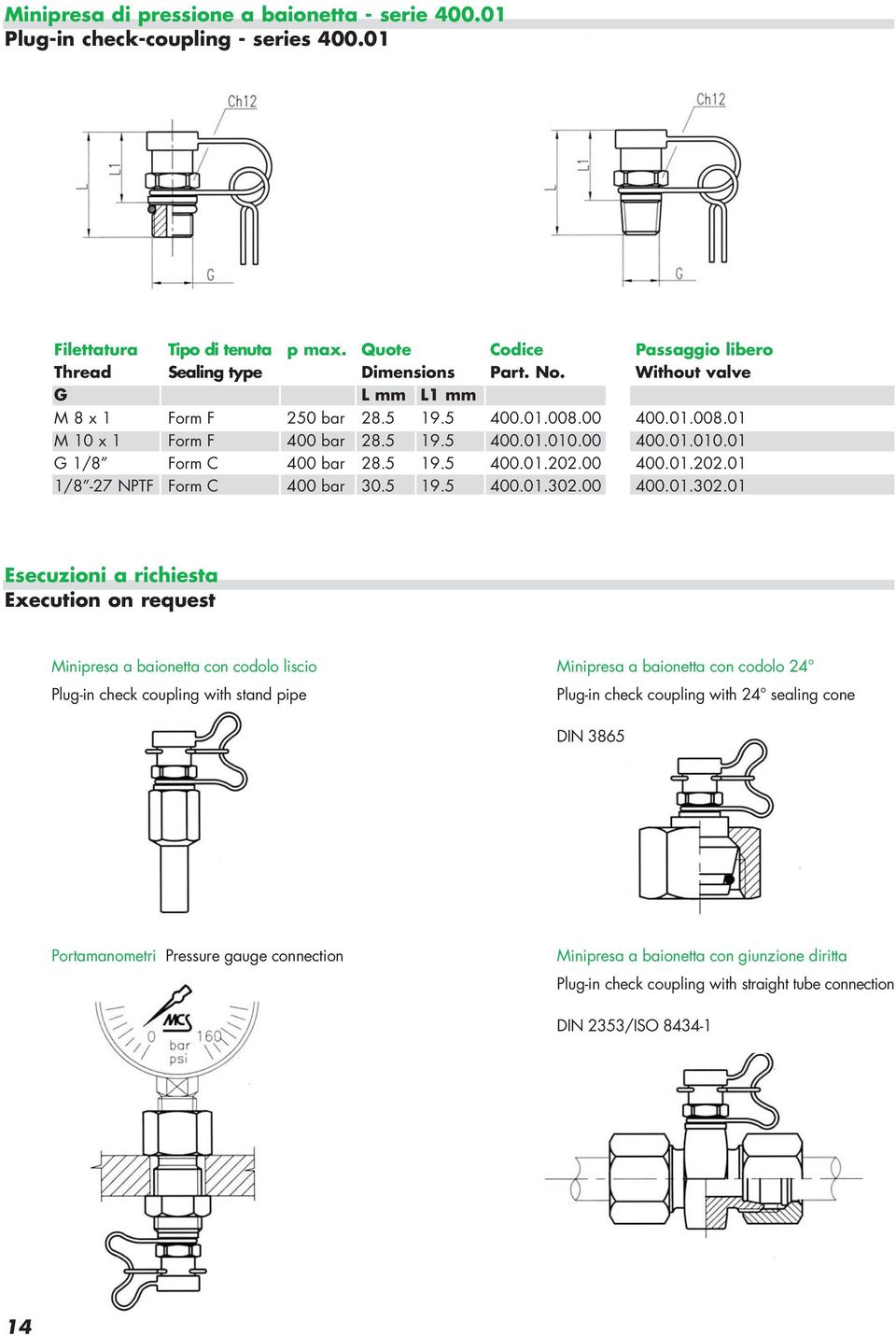 00 Passaggio libero Without valve 400.01.008.01 400.01.010.01 400.01.202.01 400.01.302.