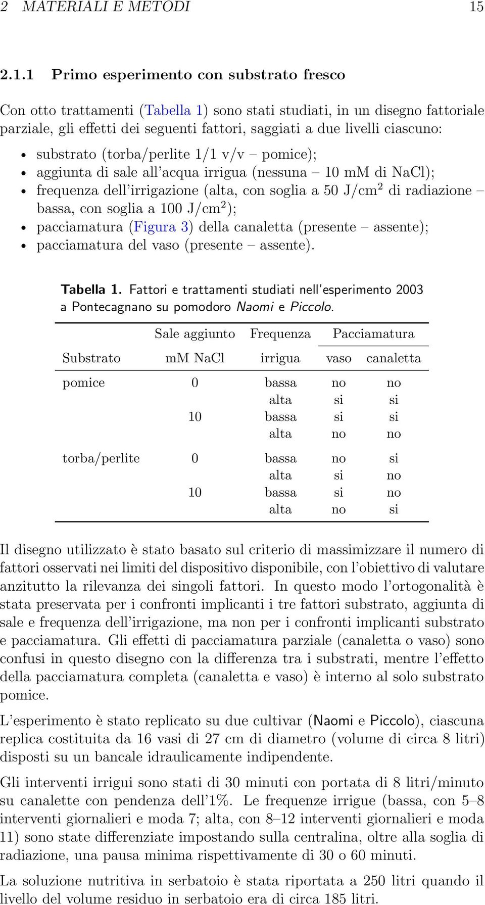 substrato (torba/perlite 1/1 v/v pomice); aggiunta di sale all acqua irrigua (nessuna 10 mm di ); frequenza dell irrigazione (alta, con soglia a 0 J/cm 2 di radiazione bassa, con soglia a 100 J/cm 2