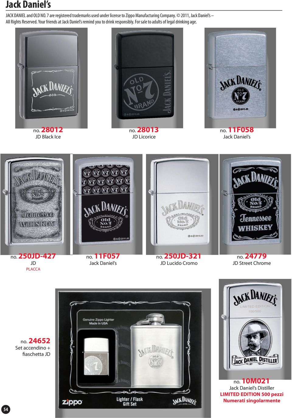 For sale to adults of legal drinking age. no. 28012 JD Black Ice no. 28013 JD Licorice no. 11F058 Jack Daniel s no. 250JD-427 JD PLACCA no.
