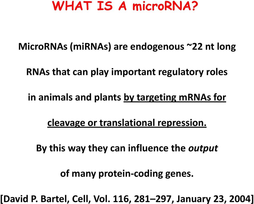 regulatory roles in animals and plants by targeting mrnas for cleavage or