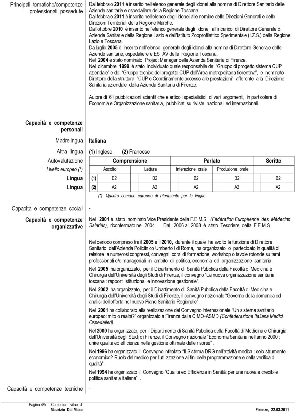 Dall ottobre 2010 è inserito nell elenco generale degli idonei all'incarico di Direttore Generale di Aziende Sanitarie della Regione Lazio e dell'istituto Zooprofilattico Sperimentale (I.Z.S.) della Regione Lazio e Toscana.