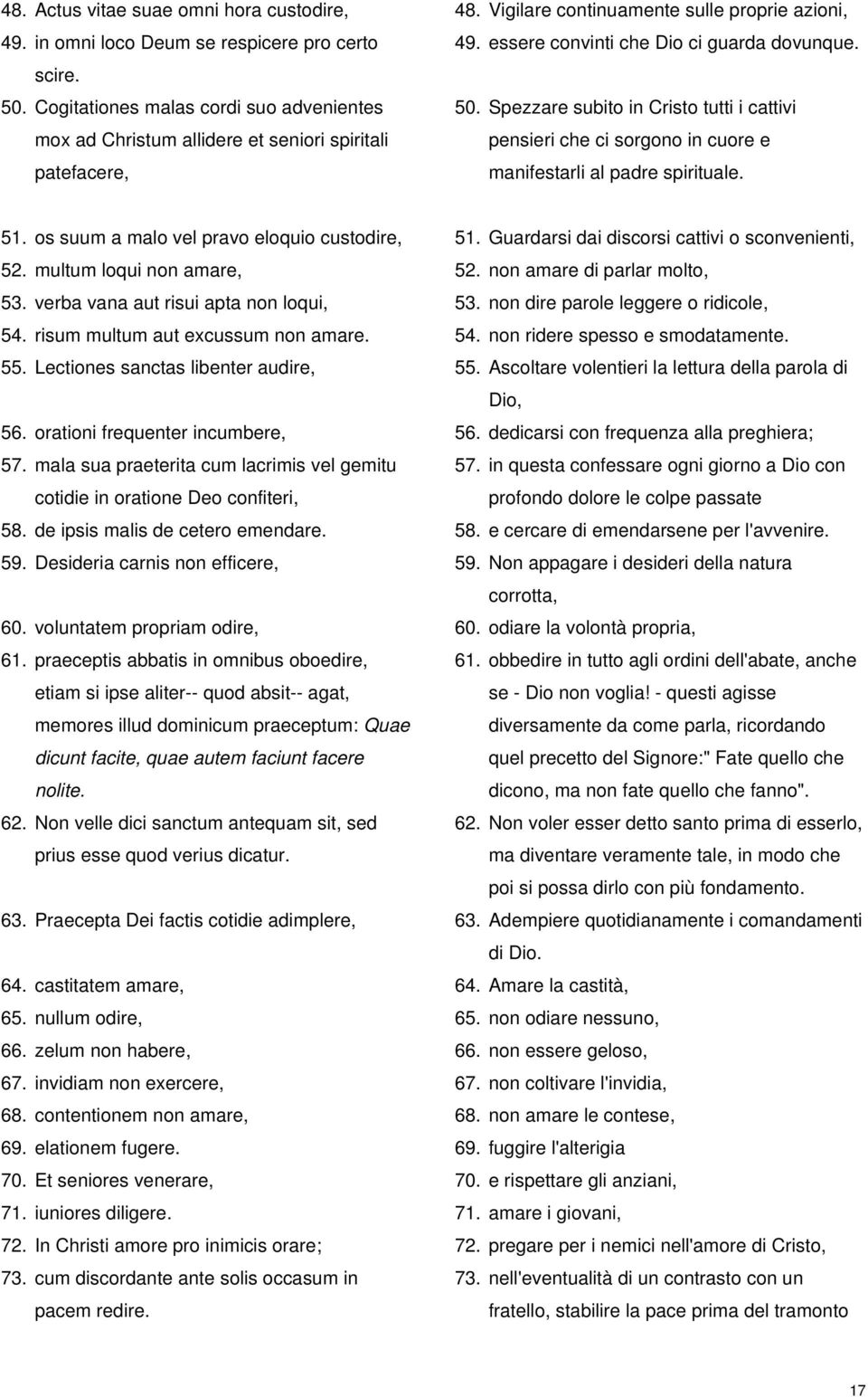 Spezzare subito in Cristo tutti i cattivi pensieri che ci sorgono in cuore e manifestarli al padre spirituale. 51. os suum a malo vel pravo eloquio custodire, 52. multum loqui non amare, 53.