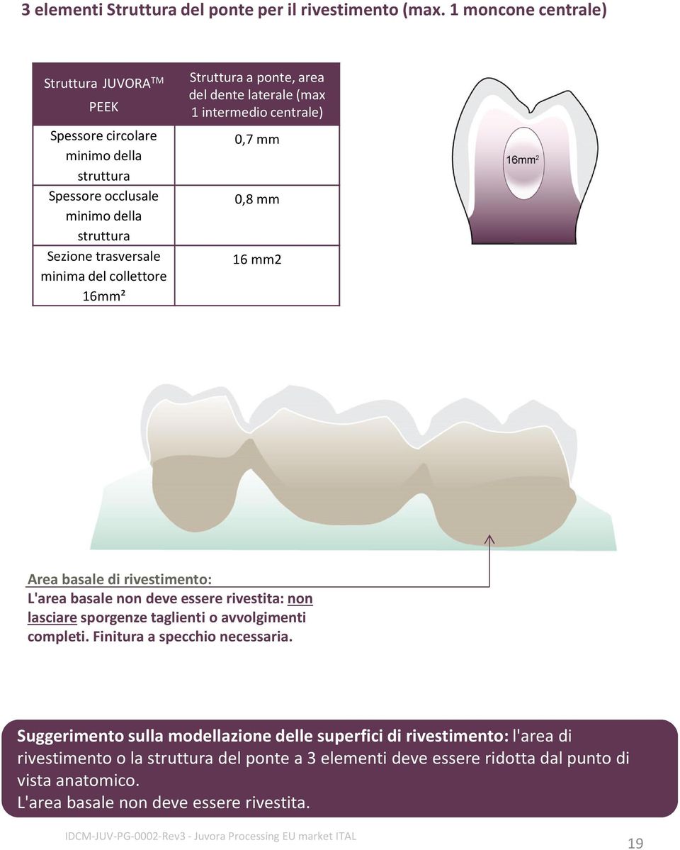 16mm² Struttura a ponte, area del dente laterale (max 1 intermedio centrale) 0,7 mm 0,8 mm 16 mm2 Area basale di rivestimento: L'area basale non deve essere rivestita:non