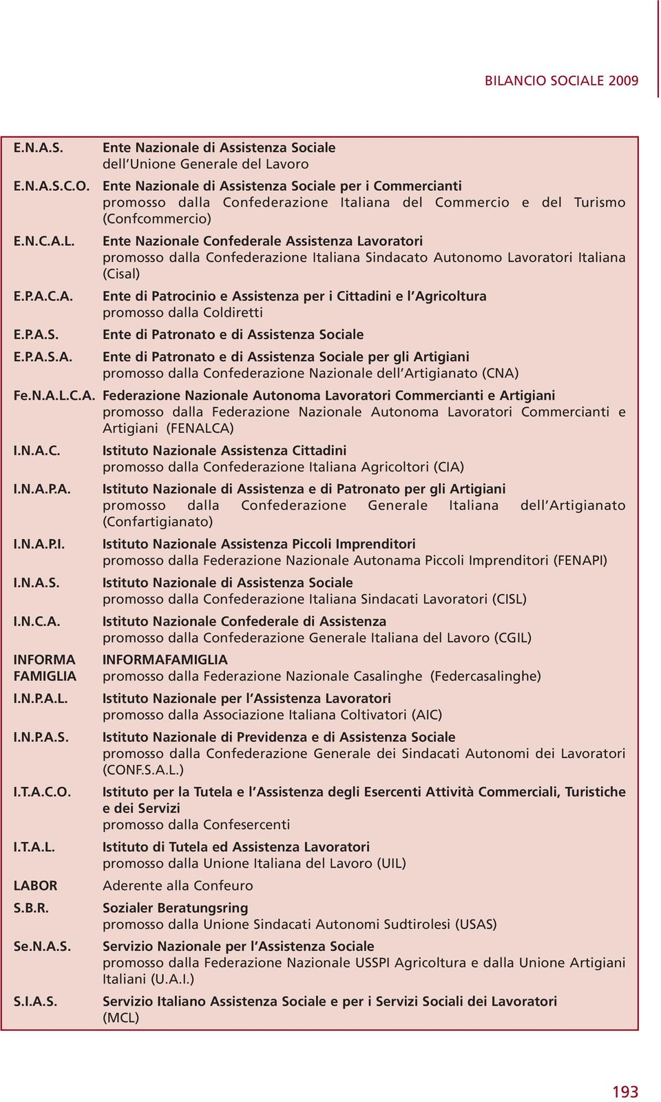 P.A.S. Ente di Patronato e di Assistenza Sociale E.P.A.S.A. Ente di Patronato e di Assistenza Sociale per gli Artigiani promosso dalla Confederazione Nazionale dell Artigianato (CNA) Fe.N.A.L.C.A. Federazione Nazionale Autonoma Lavoratori Commercianti e Artigiani promosso dalla Federazione Nazionale Autonoma Lavoratori Commercianti e Artigiani (FENALCA) I.