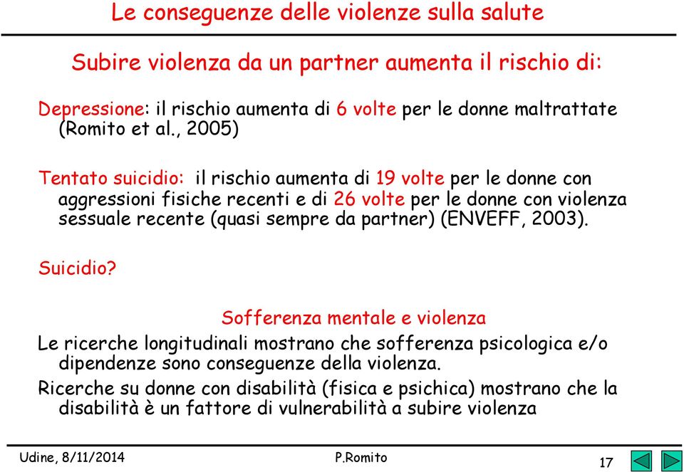 , 2005) Tentato suicidio: il rischio aumenta di 19 volte per le donne con aggressioni fisiche recenti e di 26 volte per le donne con violenza sessuale recente