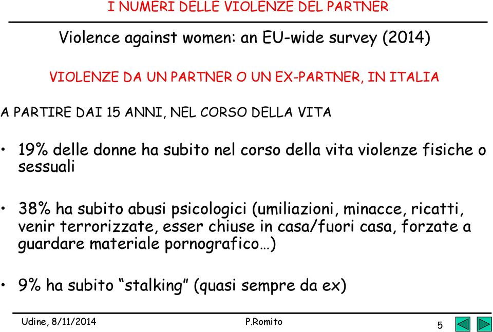 violenze fisiche o sessuali 38% ha subito abusi psicologici (umiliazioni, minacce, ricatti, venir terrorizzate,