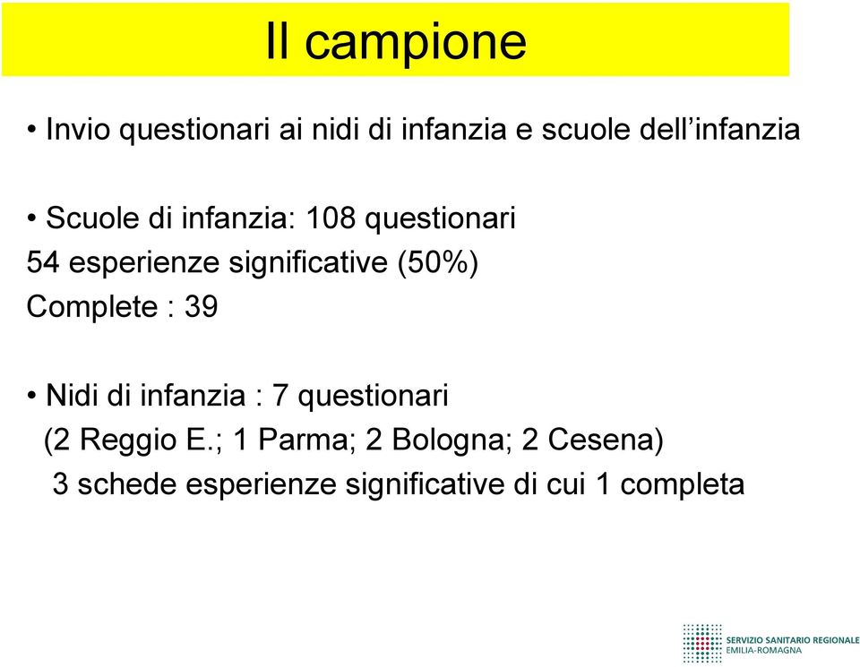 significative (50%) Complete : 39 Nidi di infanzia : 7 questionari (2