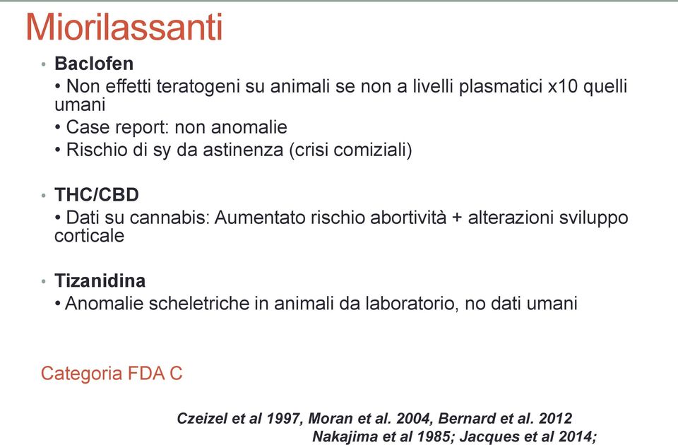 abortività + alterazioni sviluppo corticale Tizanidina Anomalie scheletriche in animali da laboratorio, no dati