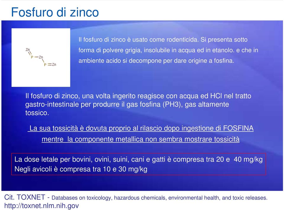 Il fosfuro di zinco, una volta ingerito reagisce con acqua ed HCl nel tratto gastro-intestinale per produrre il gas fosfina (PH3), gas altamente tossico.