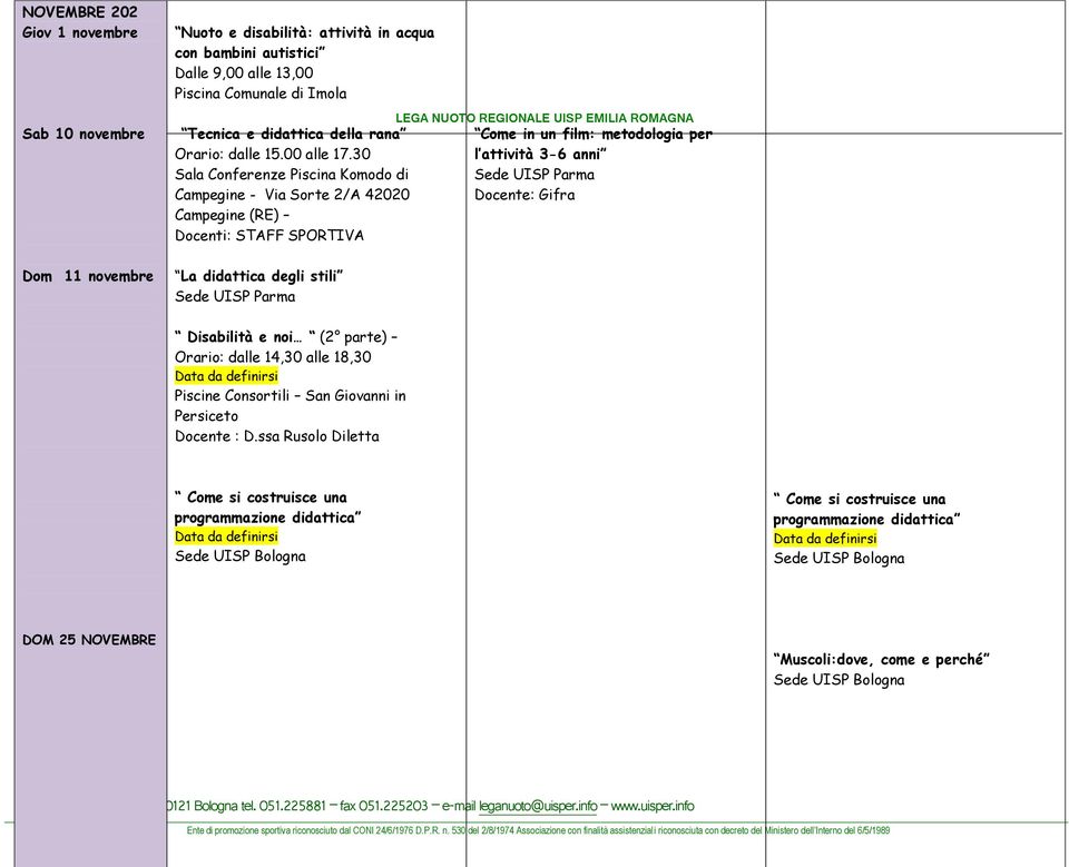 30 l attività 3-6 anni Sala Conferenze Piscina Komodo di Sede UISP Parma Campegine - Via Sorte 2/A 42020 Docente: Gifra Campegine (RE) Docenti: STAFF SPORTIVA La didattica degli stili Sede