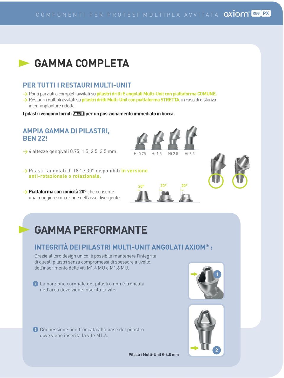 AMPIA GAMMA DI PILASTRI, BEN 22! w 4 altezze gengivali 0.75, 1.5, 2.5, 3.5 mm. Ht 0.75 Ht 1.5 Ht 2.5 Ht 3.5 w Pilastri angolati di 18 e 30 disponibili in versione anti-rotazionale o rotazionale.