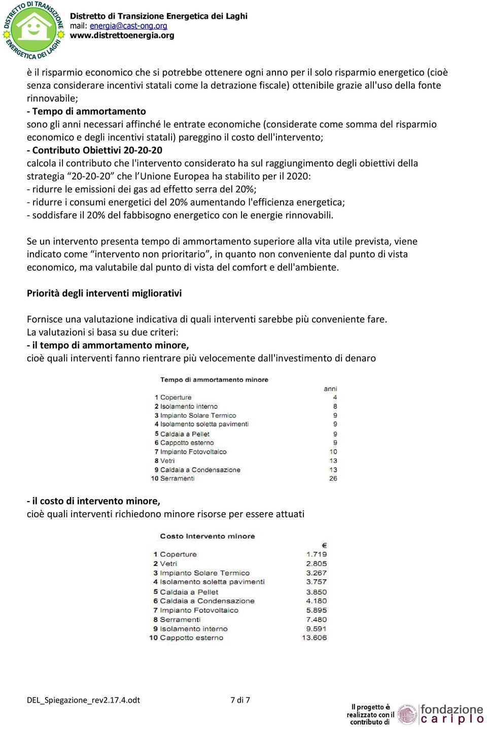 dell'intervento; - Contributo Obiettivi 20-20-20 calcola il contributo che l'intervento considerato ha sul raggiungimento degli obiettivi della strategia 20-20-20 che l Unione Europea ha stabilito