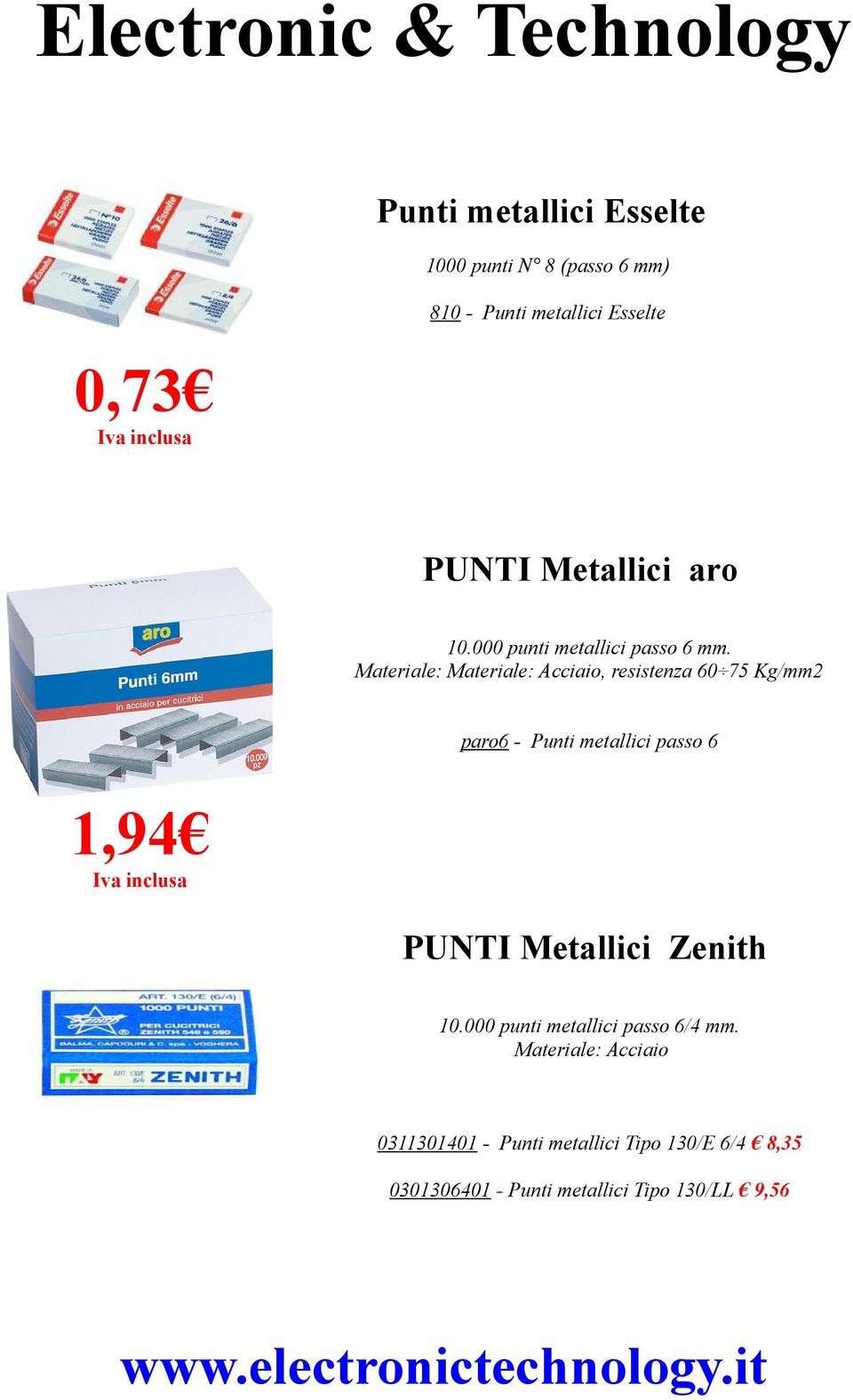 Materiale: Materiale: Acciaio, resistenza 60 75 Kg/mm2 paro6 - Punti metallici passo 6 1,94 PUNTI