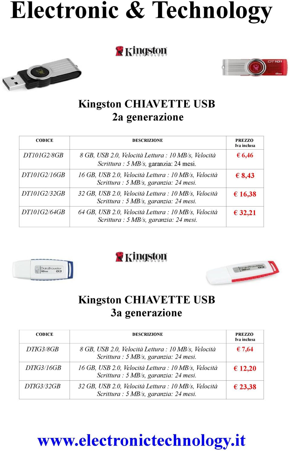 0, Velocità Lettura : 10 MB/s, Velocità Scrittura : 5 MB/s, garanzia: 24 mesi. 32,21 Kingston CHIAVETTE USB 3a generazione DESCRIZIONE DTIG3/8GB 8 GB, USB 2.