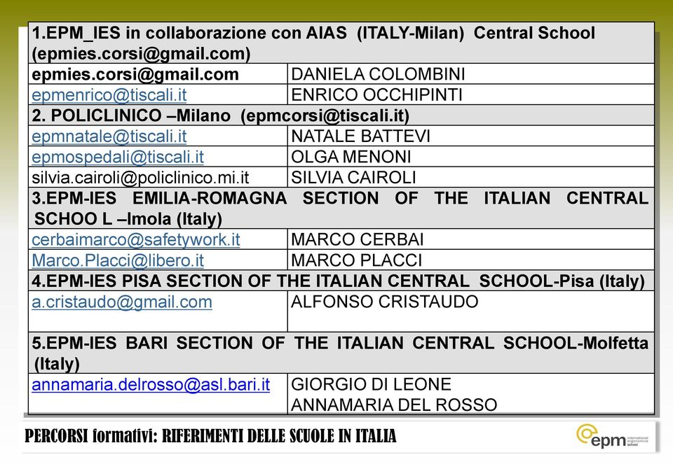 EPM-IES EMILIA-ROMAGNA SECTION OF THE ITALIAN CENTRAL SCHOO L Imola (Italy) cerbaimarco@safetywork.it MARCO CERBAI Marco.Placci@libero.it MARCO PLACCI 4.