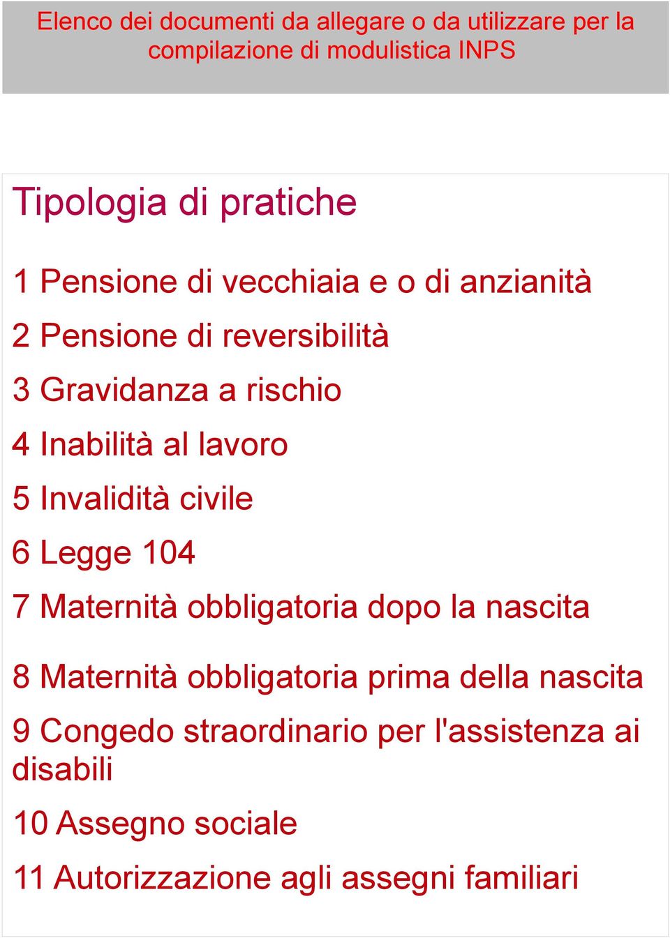 Invalidità civile 6 Legge 104 7 Maternità obbligatoria dopo la nascita 8 Maternità obbligatoria prima della