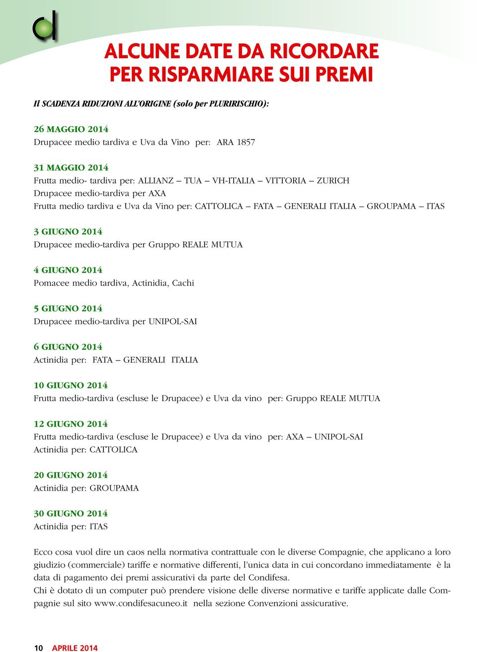 medio-tardiva per Gruppo REALE MUTUA 4 GIUGNO 2014 Pomacee medio tardiva, Actinidia, Cachi 5 GIUGNO 2014 Drupacee medio-tardiva per UNIPOL-SAI 6 GIUGNO 2014 Actinidia per: FATA GENERALI ITALIA 10