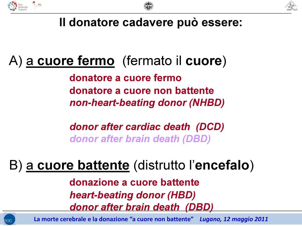 cardiac death (DCD) donor after brain death (DBD) B) a cuore battente (distrutto l