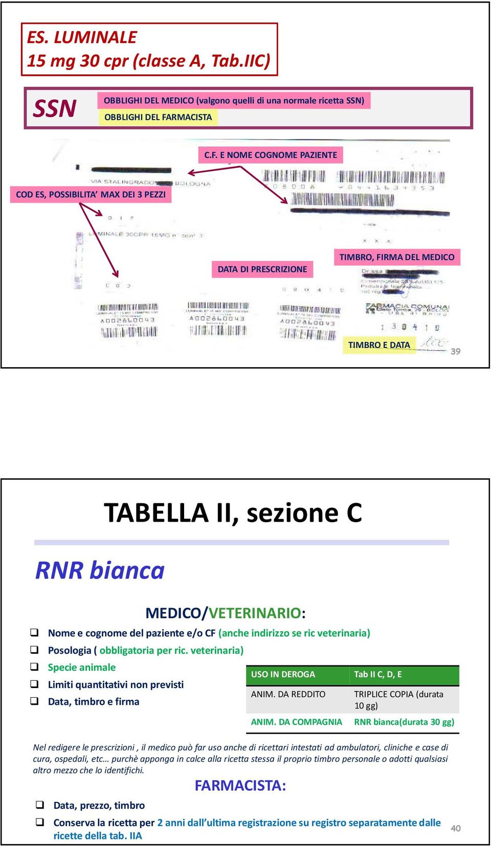 E NOME COGNOME PAZIENTE COD ES, POSSIBILITA MAX DEI 3 PEZZI DATA DI PRESCRIZIONE TIMBRO, FIRMA DEL MEDICO TIMBRO E DATA 39 RNR bianca MEDICO/VETERINARIO: Nome e cognome del paziente e/o CF (anche