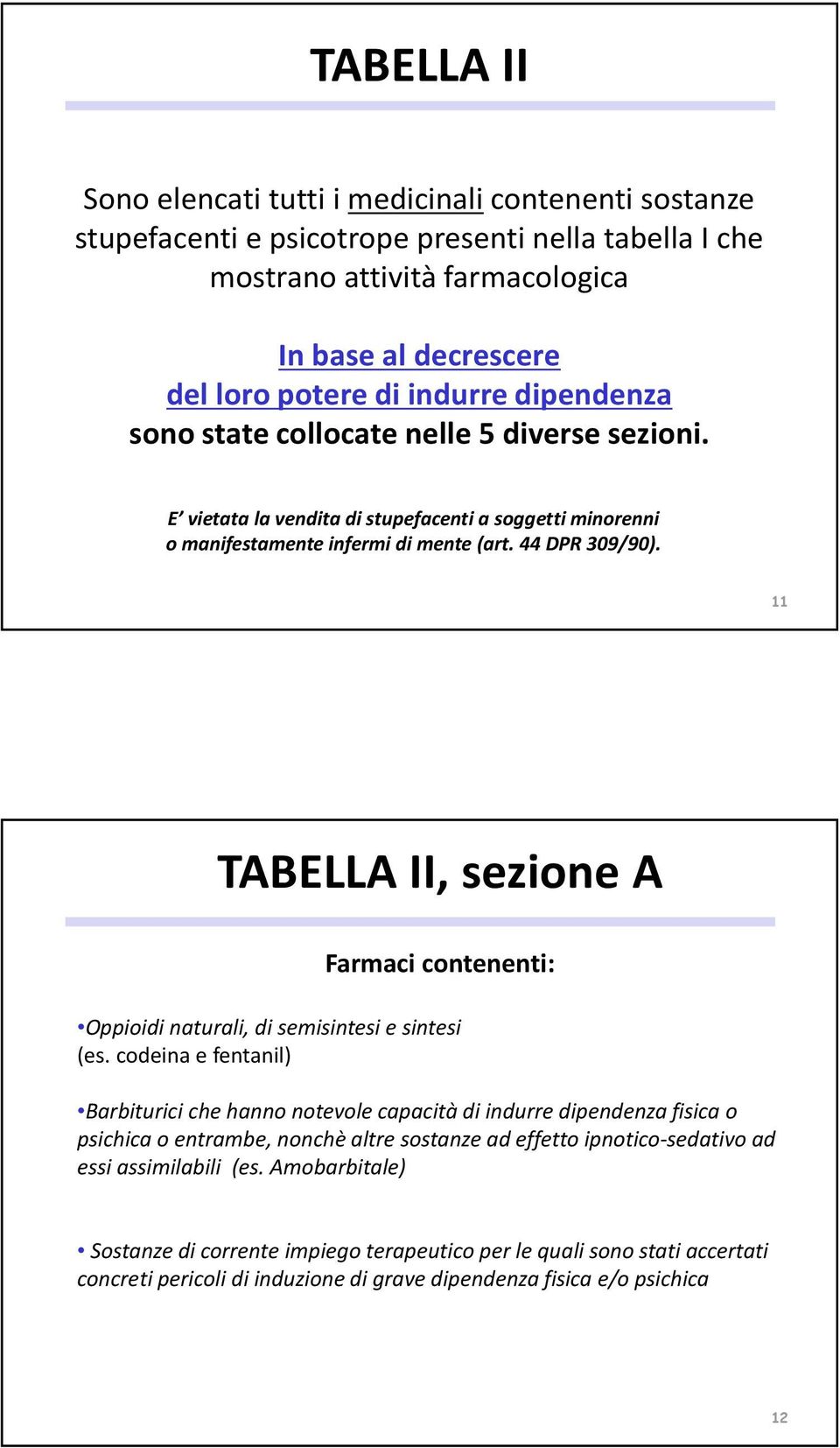 11 TABELLA II, sezione A Farmaci contenenti: Oppioidi naturali, di semisintesi e sintesi (es.