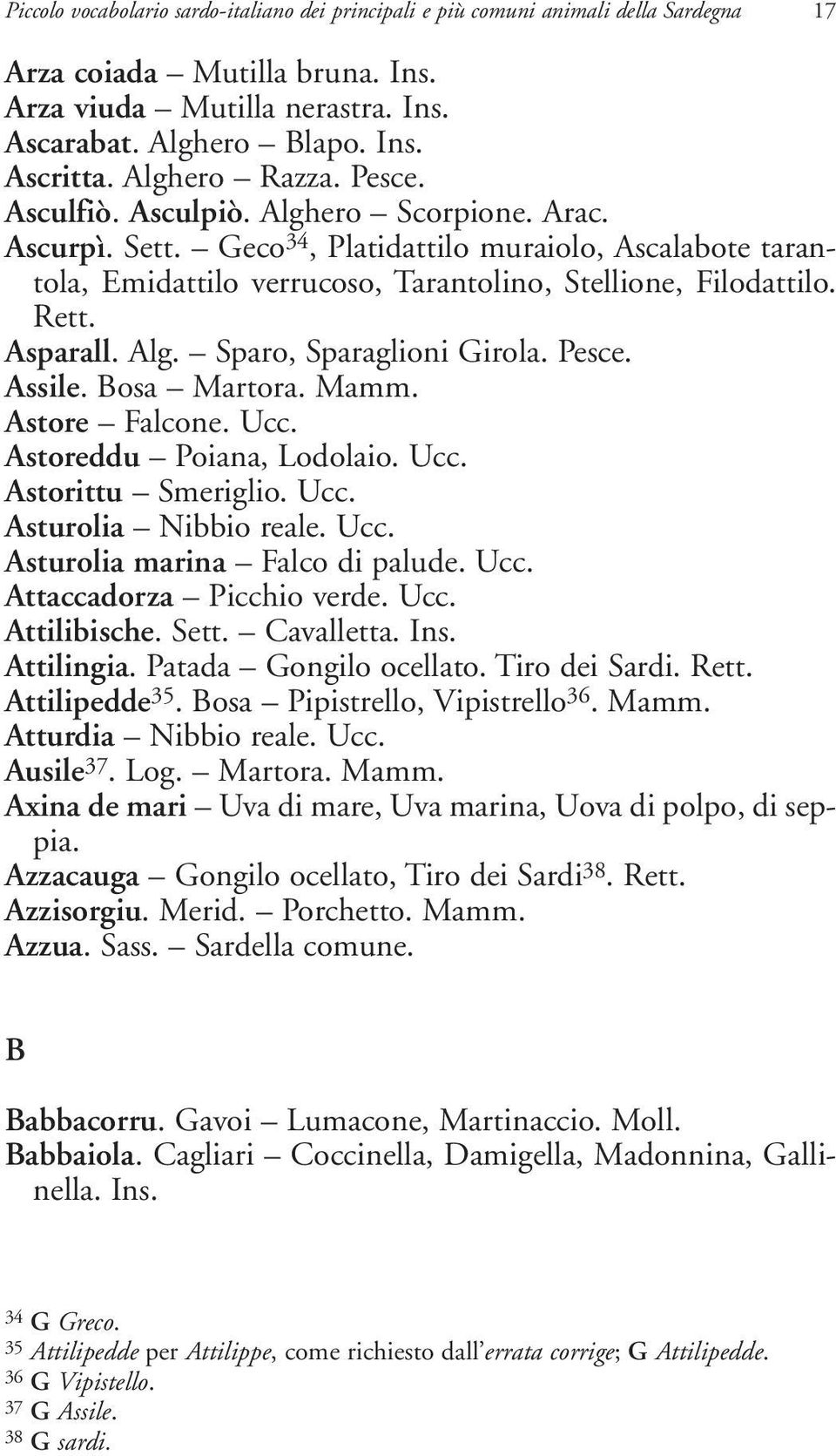 Asparall. Alg. Sparo, Sparaglioni Girola. Pesce. Assile. Bosa Martora. Mamm. Astore Falcone. Ucc. Astoreddu Poiana, Lodolaio. Ucc. Astorittu Smeriglio. Ucc. Asturolia Nibbio reale. Ucc. Asturolia marina Falco di palude.