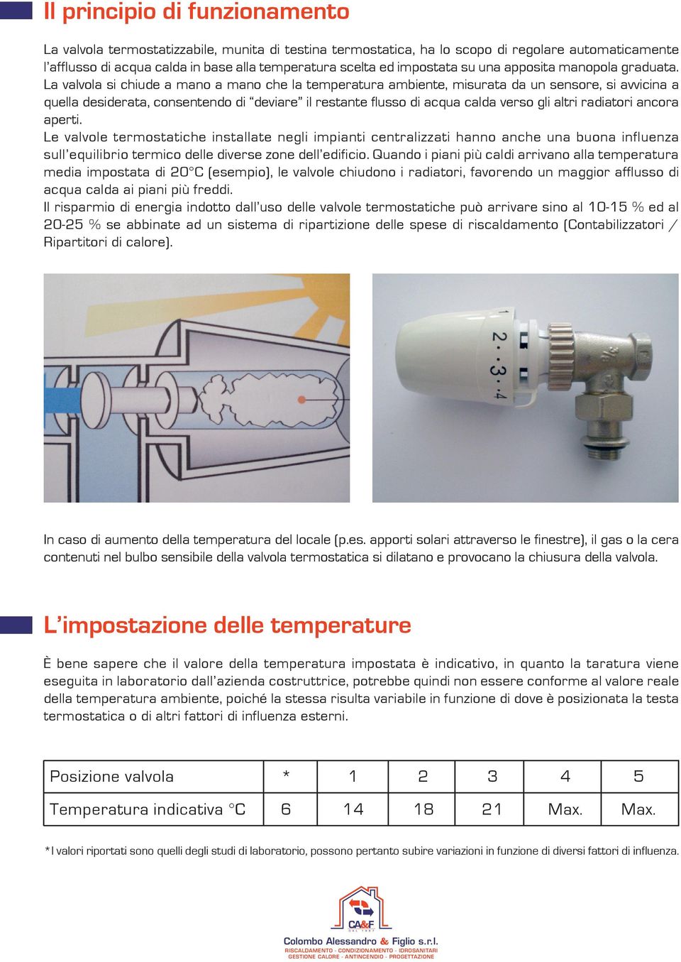 La valvola si chiude a mano a mano che la temperatura ambiente, misurata da un sensore, si avvicina a quella desiderata, consentendo di deviare il restante flusso di acqua calda verso gli altri