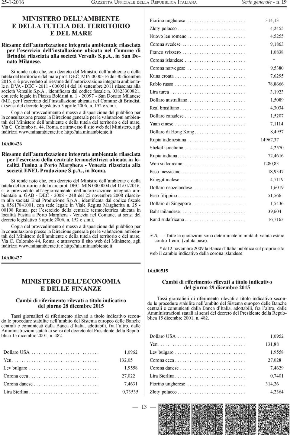 DEC_MIN 0000316 del 30 dicembre 2015, si è provveduto al riesame dell autorizzazione integrata ambientale n. DVA - DEC - 2011-0000514 del 16 settembre 2011 rilasciata alla società Versalis S.p.A., identificata dal codice fiscale n.