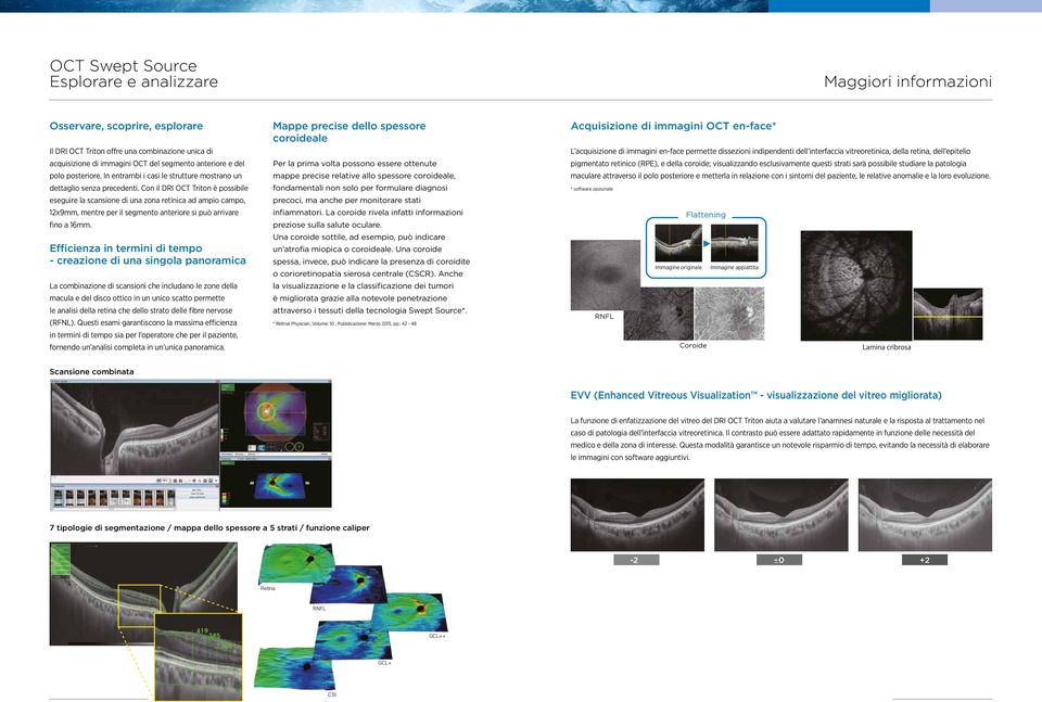Con il DRI OCT Triton è possibile eseguire la scansione di una zona retinica ad ampio campo, 12x9mm, mentre per il segmento anteriore si può arrivare fino a 16mm.