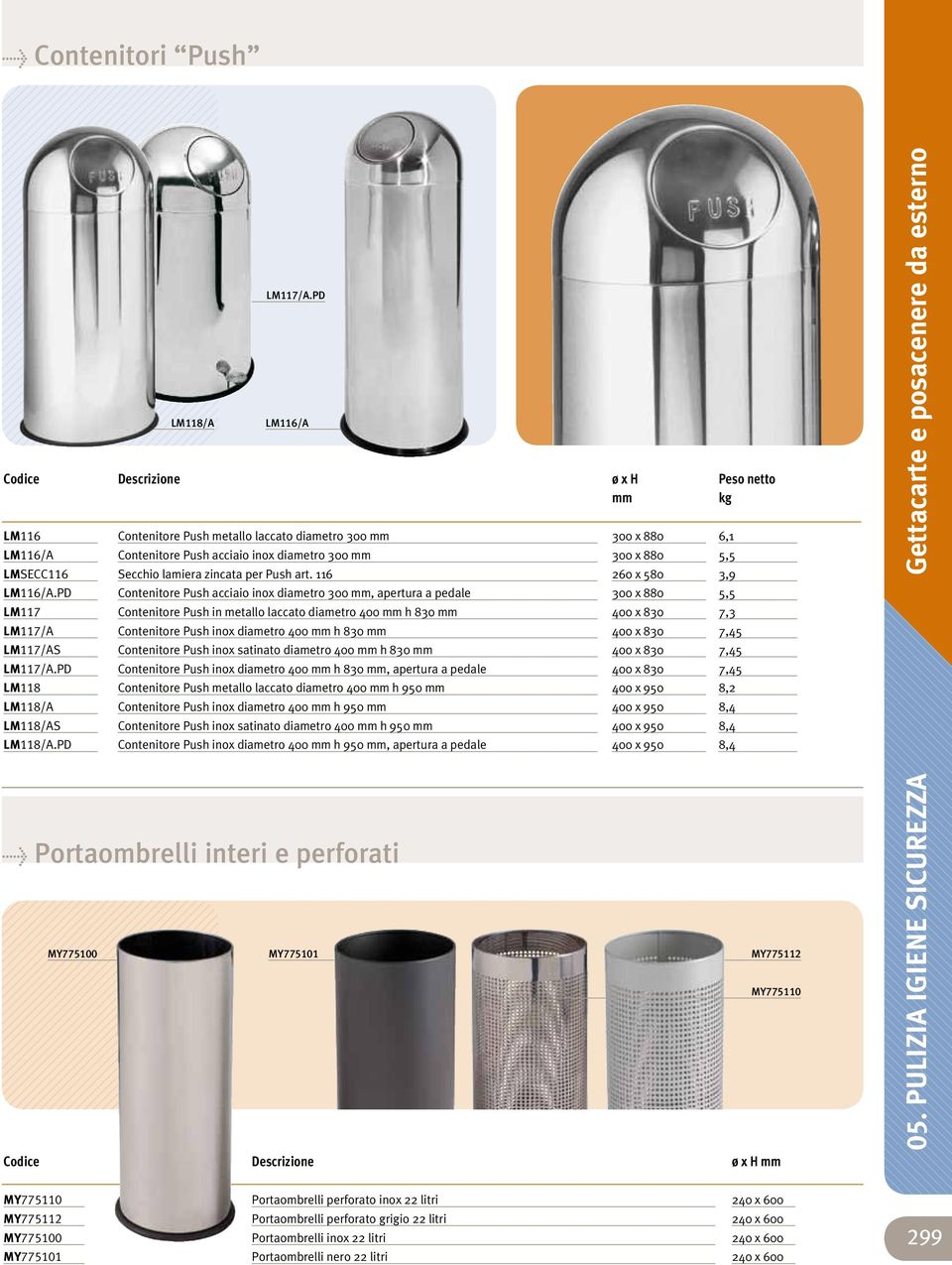 PD Contenitore Push acciaio inox diametro 300, apertura a pedale LM117 Contenitore Push in metallo laccato diametro 400 h 830 LM117/A Contenitore Push inox diametro 400 h 830 LM117/AS Contenitore