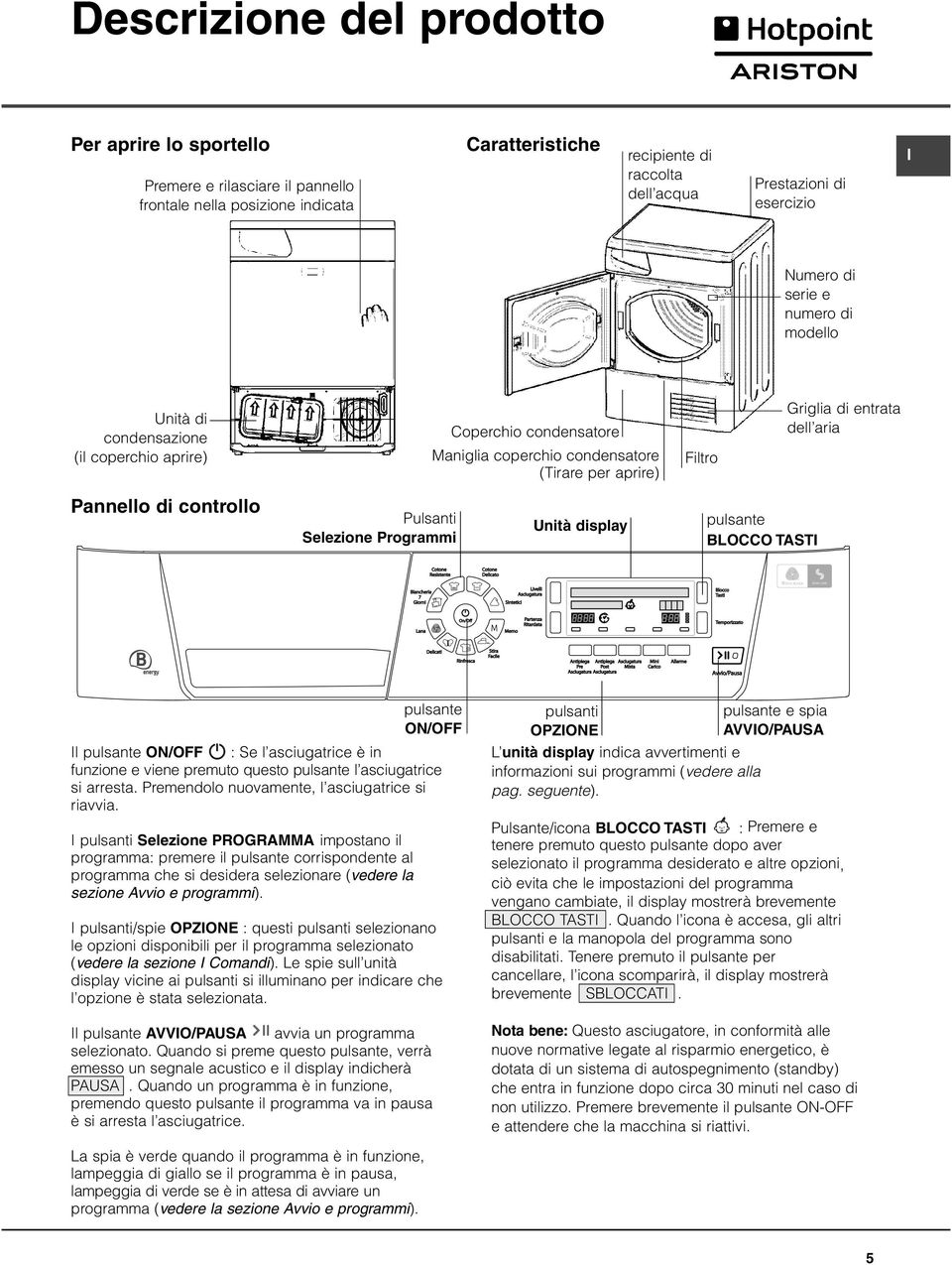 Unità display Filtro pulsante BLOCCO TAST Griglia di entrata dell aria pulsante ON/OFF l pulsante ON/OFF : Se l asciugatrice è in funzione e viene premuto questo pulsante l asciugatrice si arresta.