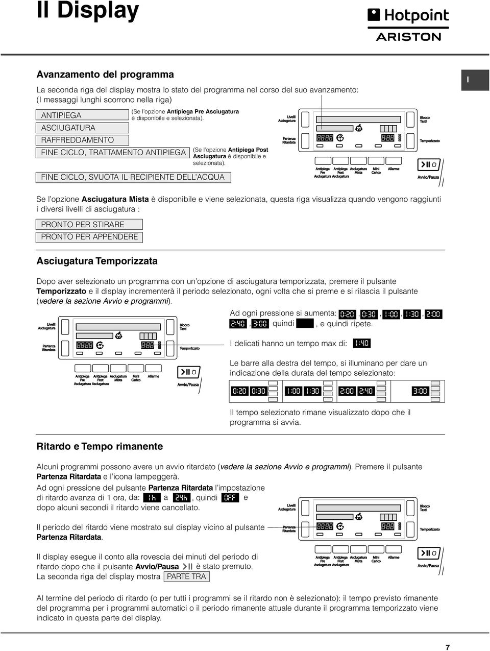 FNE CCLO, SVUOTA L RECPENTE DELL ACQUA Se l opzione Asciugatura Mista è disponibile e viene selezionata, questa riga visualizza quando vengono raggiunti i diversi livelli di asciugatura : PRONTO PER