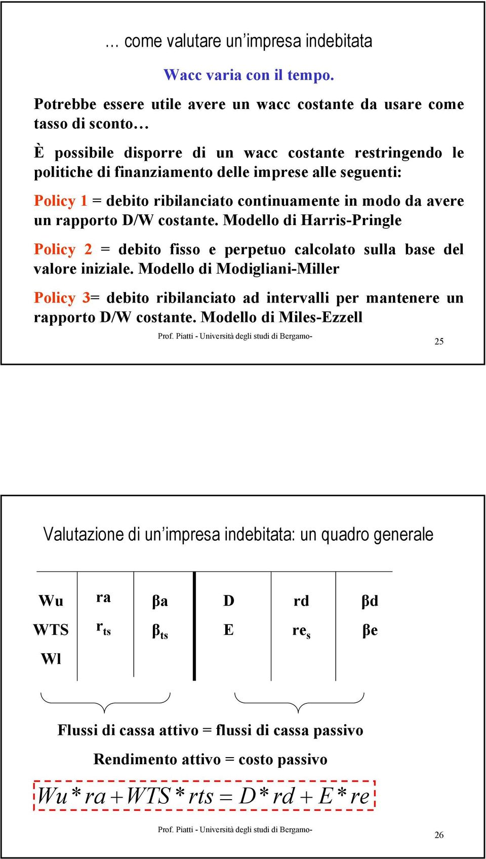 debito ribilanciato continuamente in modo da avere un rapporto /W costante. Modello di Harris-Pringle Policy 2 = debito fisso e perpetuo calcolato sulla base del valore iniziale.