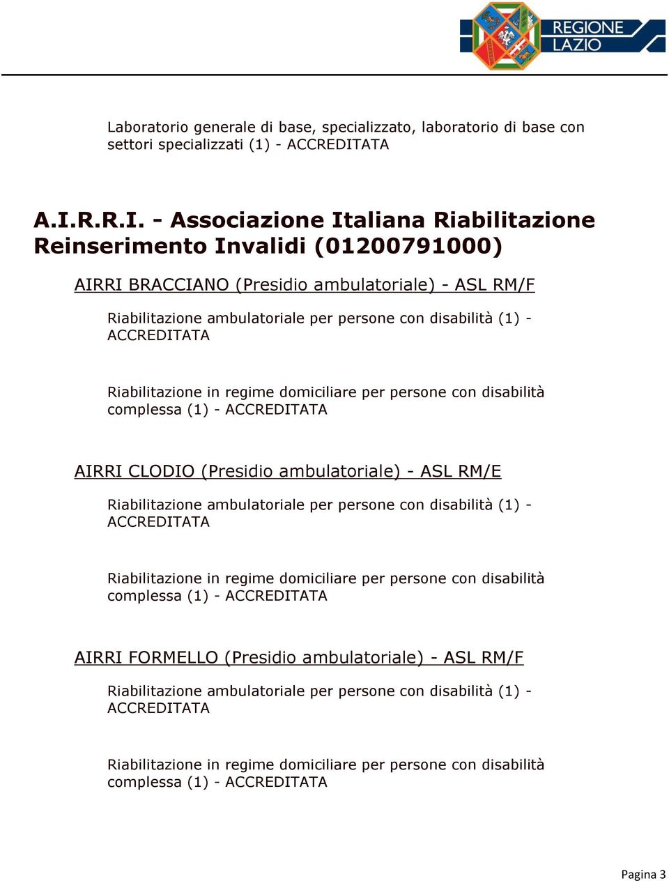 ambulatoriale per persone con disabilità (1) - ACCREDITATA Riabilitazione in regime domiciliare per persone con disabilità complessa (1) - ACCREDITATA AIRRI FORMELLO (Presidio