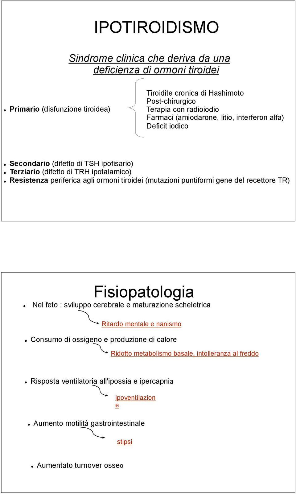 ! Secondario (difetto di TSH ipofisario)!! Terziario (difetto di TRH ipotalamico)!! Resistenza periferica agli ormoni tiroidei (mutazioni puntiformi gene del recettore TR) Fisiopatologia!