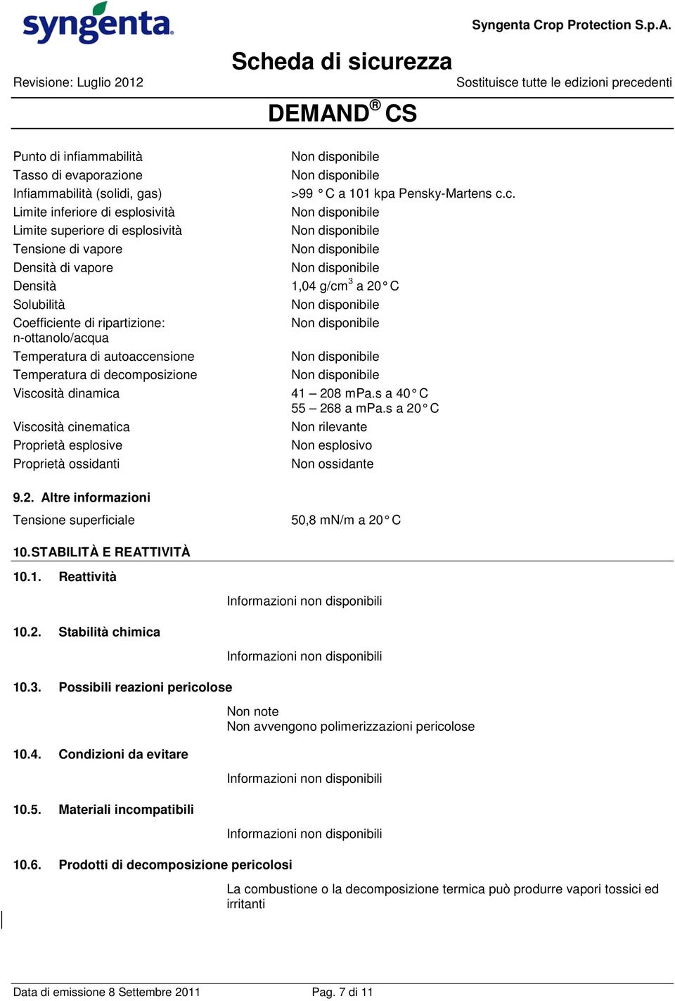 kpa Pensky-Martens c.c. 1,04 g/cm 3 a 20 C 41 208 mpa.s a 40 C 55 268 a mpa.s a 20 C Non rilevante Non esplosivo Non ossidante 9.2. Altre informazioni Tensione superficiale 50,8 mn/m a 20 C 10.