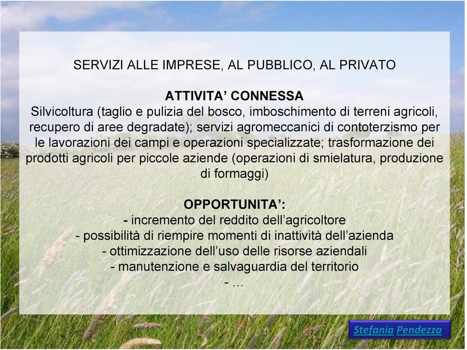 agricoli per piccole aziende (operazioni di smielatura, produzione di formaggi) OPPORTUNITA : - incremento del reddito dell agricoltore - possibilità