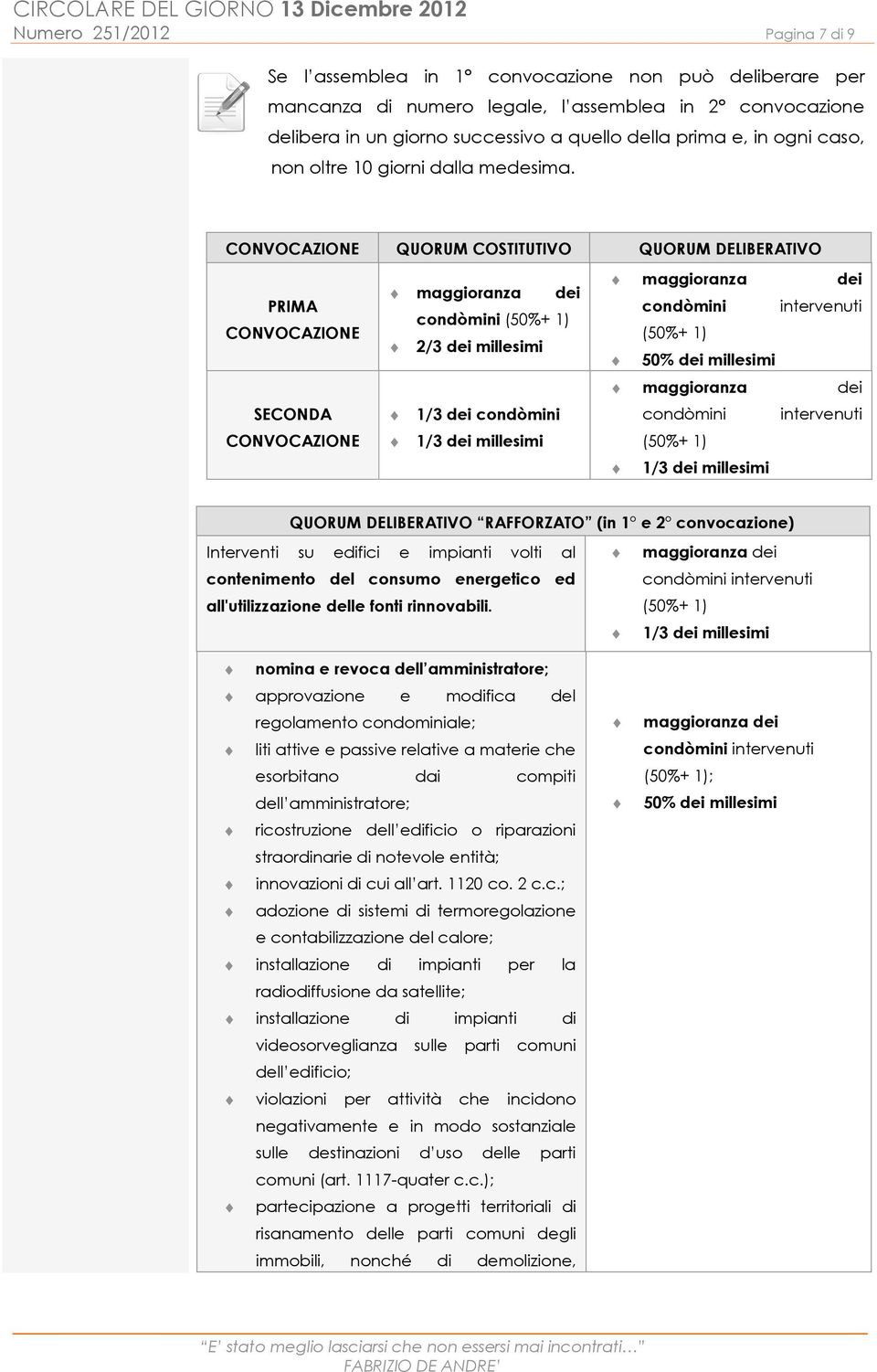 CONVOCAZIONE QUORUM COSTITUTIVO QUORUM DELIBERATIVO PRIMA CONVOCAZIONE SECONDA CONVOCAZIONE maggioranza dei condòmini (50%+ 1) 2/3 dei millesimi 1/3 dei condòmini 1/3 dei millesimi maggioranza dei
