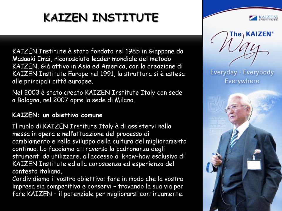 Nel 2003 è stato creato KAIZEN Institute Italy con sede a Bologna, nel 2007 apre la sede di Milano.