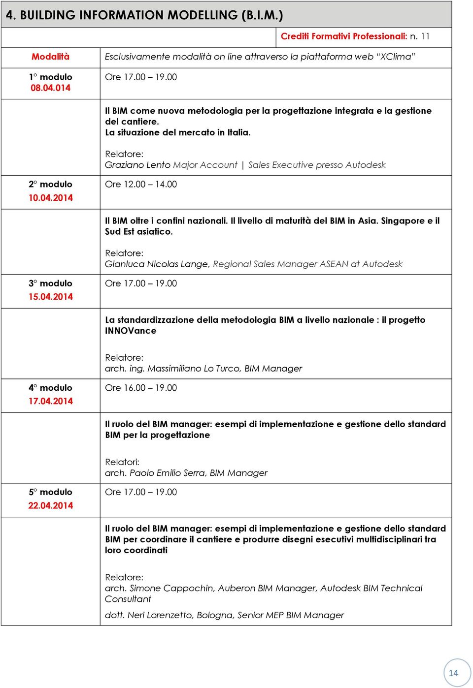 Graziano Lento Major Account Sales Executive presso Autodesk 2 modulo 10.04.2014 Ore 12.00 14.00 Il BIM oltre i confini nazionali. Il livello di maturità del BIM in Asia.