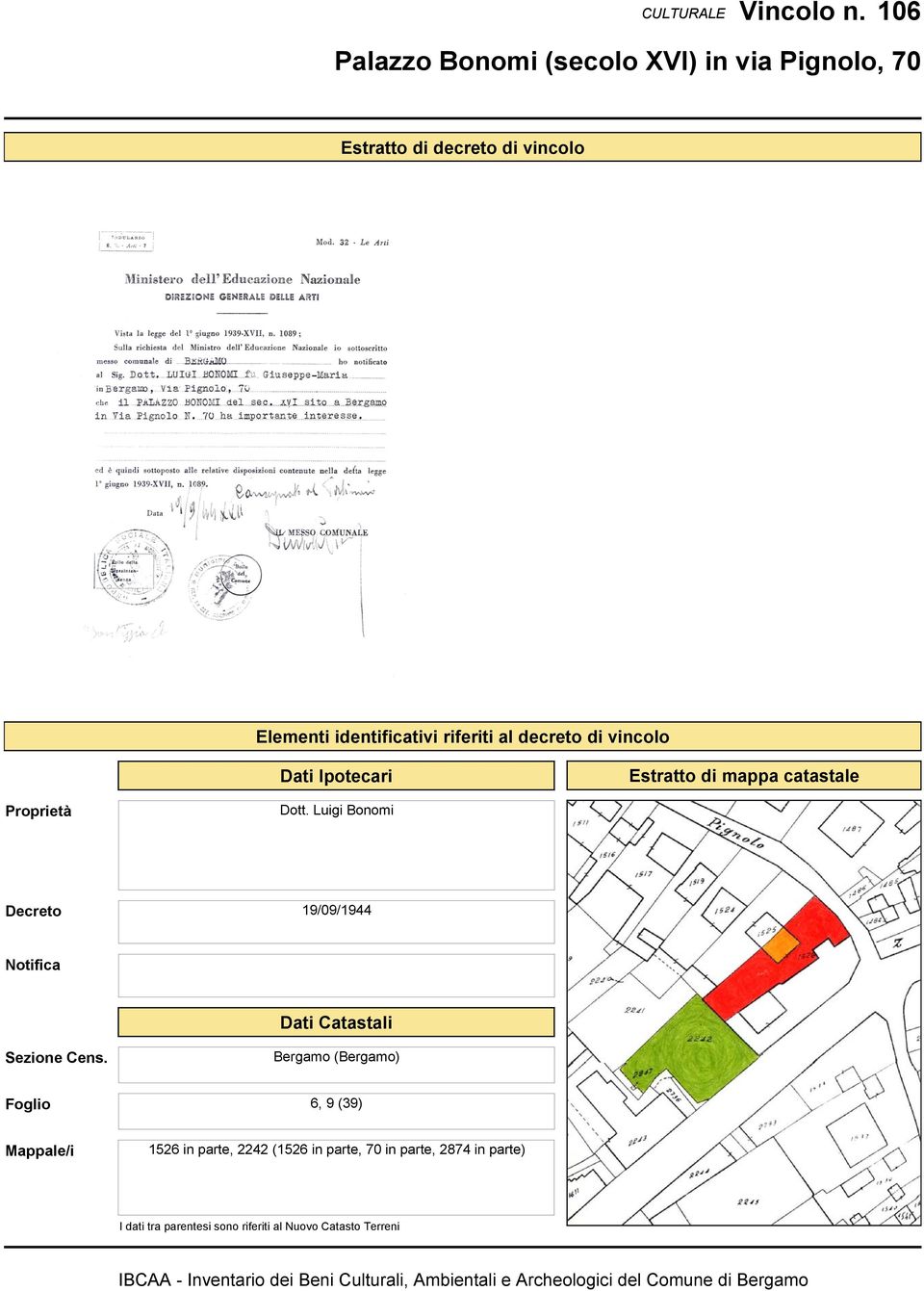 vincolo Dati Ipotecari Estratto di mappa catastale Proprietà Dott. Luigi Bonomi Decreto 19/09/1944 Notifica Dati Catastali Sezione Cens.
