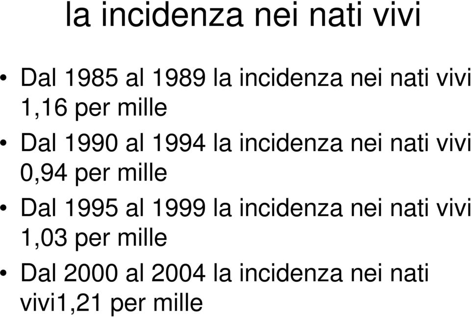 0,94 per mille Dal 1995 al 1999 la incidenza nei nati vivi 1,03