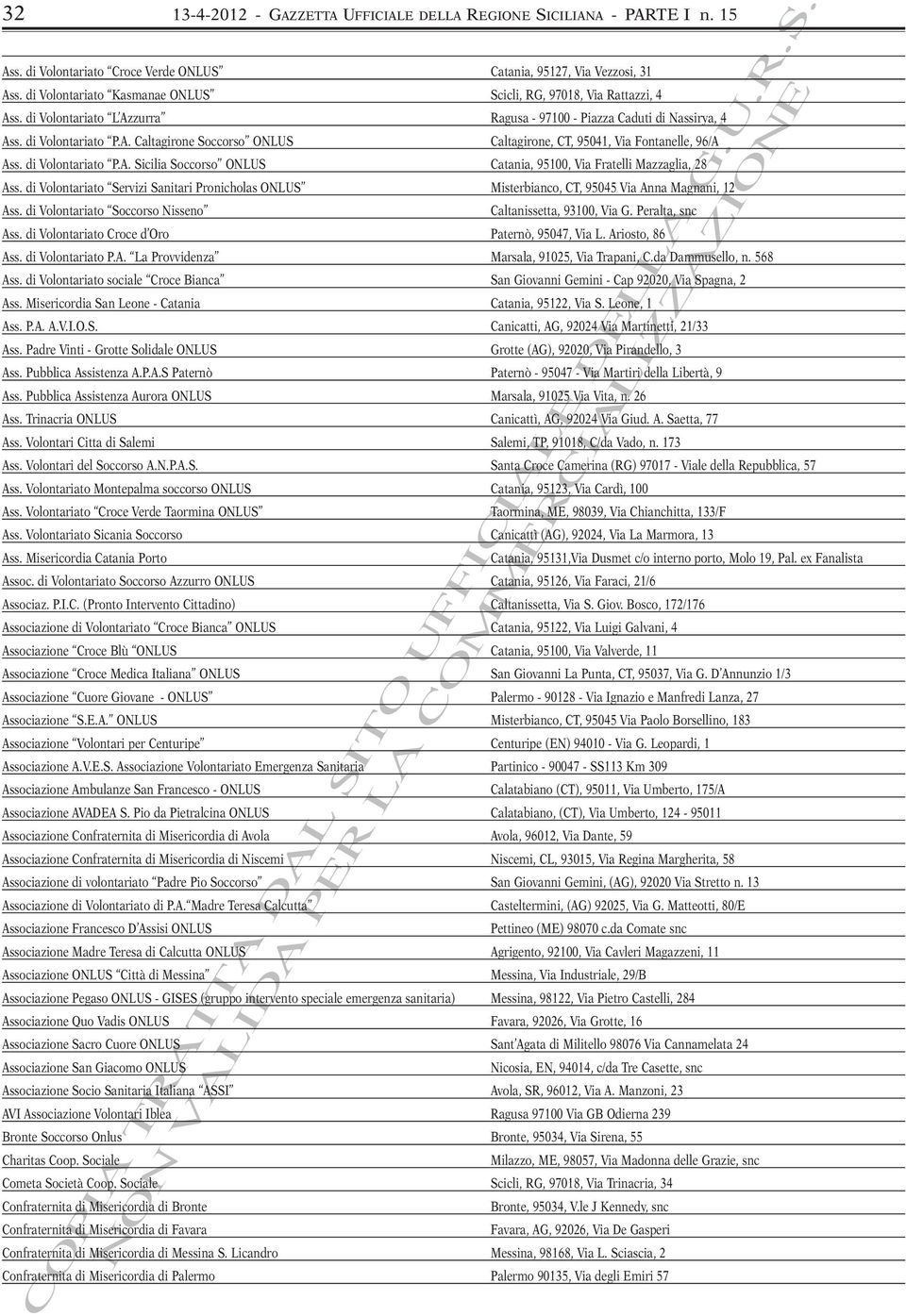di Volontariato P.A. Sicilia Soccorso ONLUS Catania, 95100, Via Fratelli Mazzaglia, 28 Ass. di Volontariato Servizi Sanitari Pronicholas ONLUS Misterbianco, CT, 95045 Via Anna Magnani, 12 Ass.