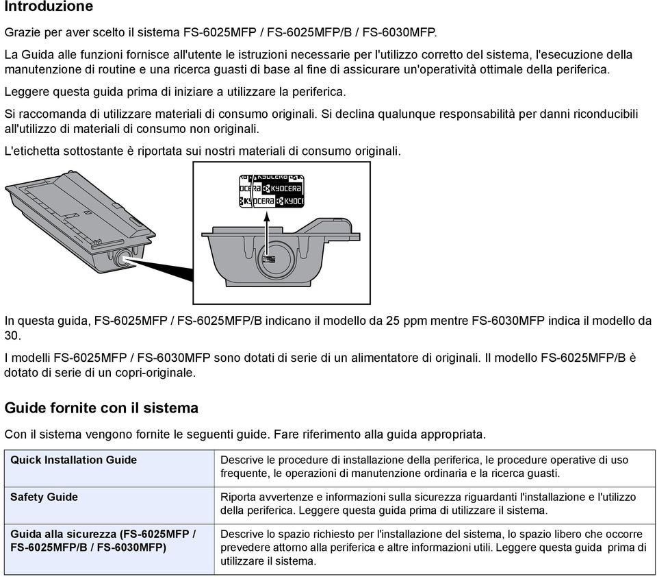 un'operatività ottimale della periferica. Leggere questa guida prima di iniziare a utilizzare la periferica. Si raccomanda di utilizzare materiali di consumo originali.