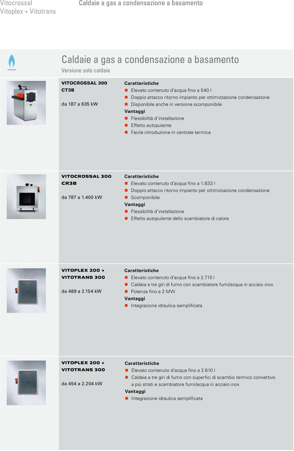 833 l Scomponibile Effetto autopulente dello scambiatore di calore VITOPLEX 200 VITOTRNS 300 da 489 a 2.154 kw Elevato contenuto d acqua fino a 2.