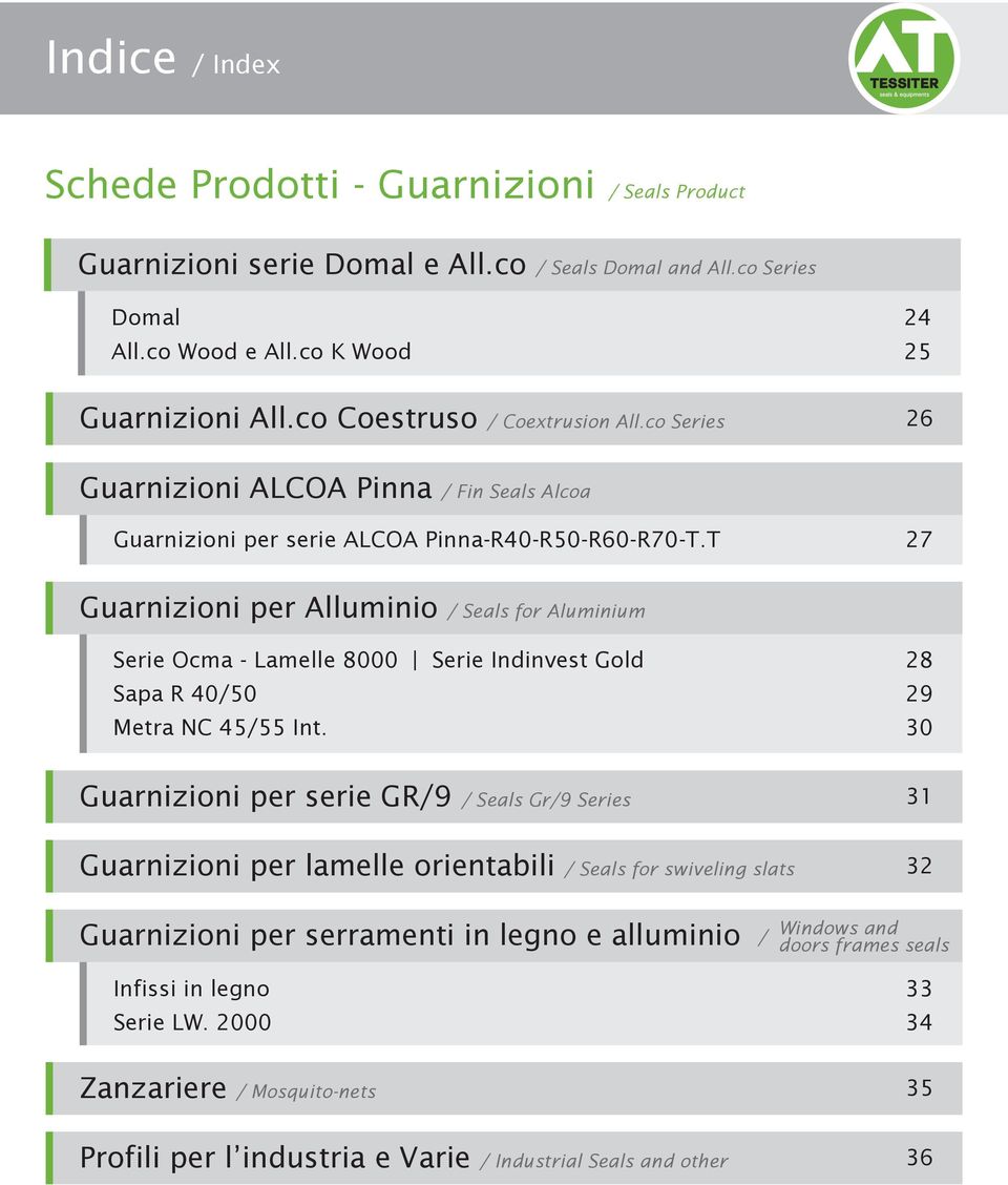 T 27 Guarnizioni per Alluminio / Seals for Aluminium Serie Ocma - Lamelle 8000 Serie Indinvest Gold 28 Sapa R 40/50 29 Metra NC 45/55 Int.