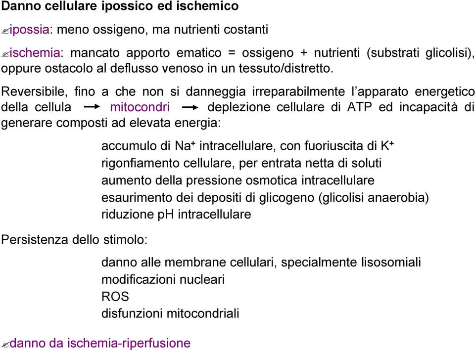 Reversibile, fino a che non si danneggia irreparabilmente l apparato energetico della cellula mitocondri deplezione cellulare di ATP ed incapacità di generare composti ad elevata energia: Persistenza