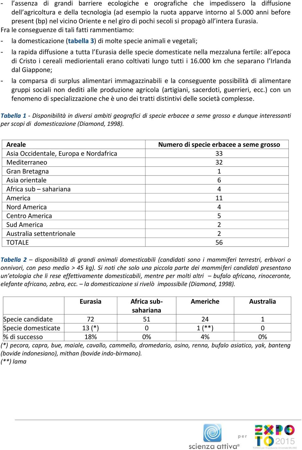 Fra le conseguenze di tali fatti rammentiamo: - la domesticazione (tabella 3) di molte specie animali e vegetali; - la rapida diffusione a tutta l Eurasia delle specie domesticate nella mezzaluna